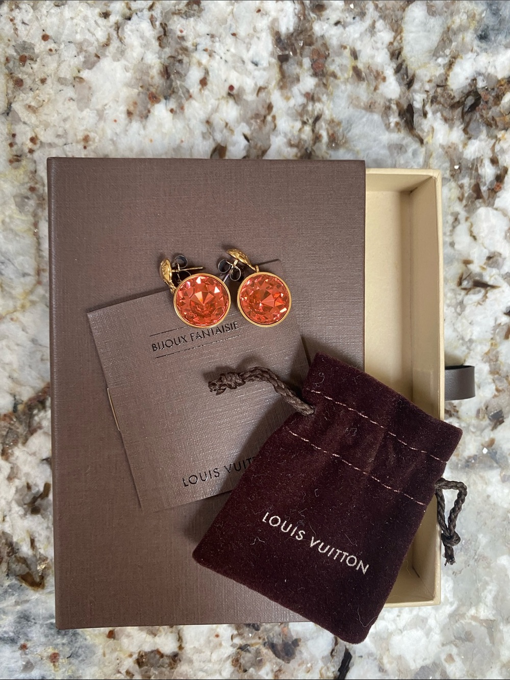Louis Vuitton “Over the Rainbow” Gold-Tone Drop Earrings w Coral Pink Crystals!